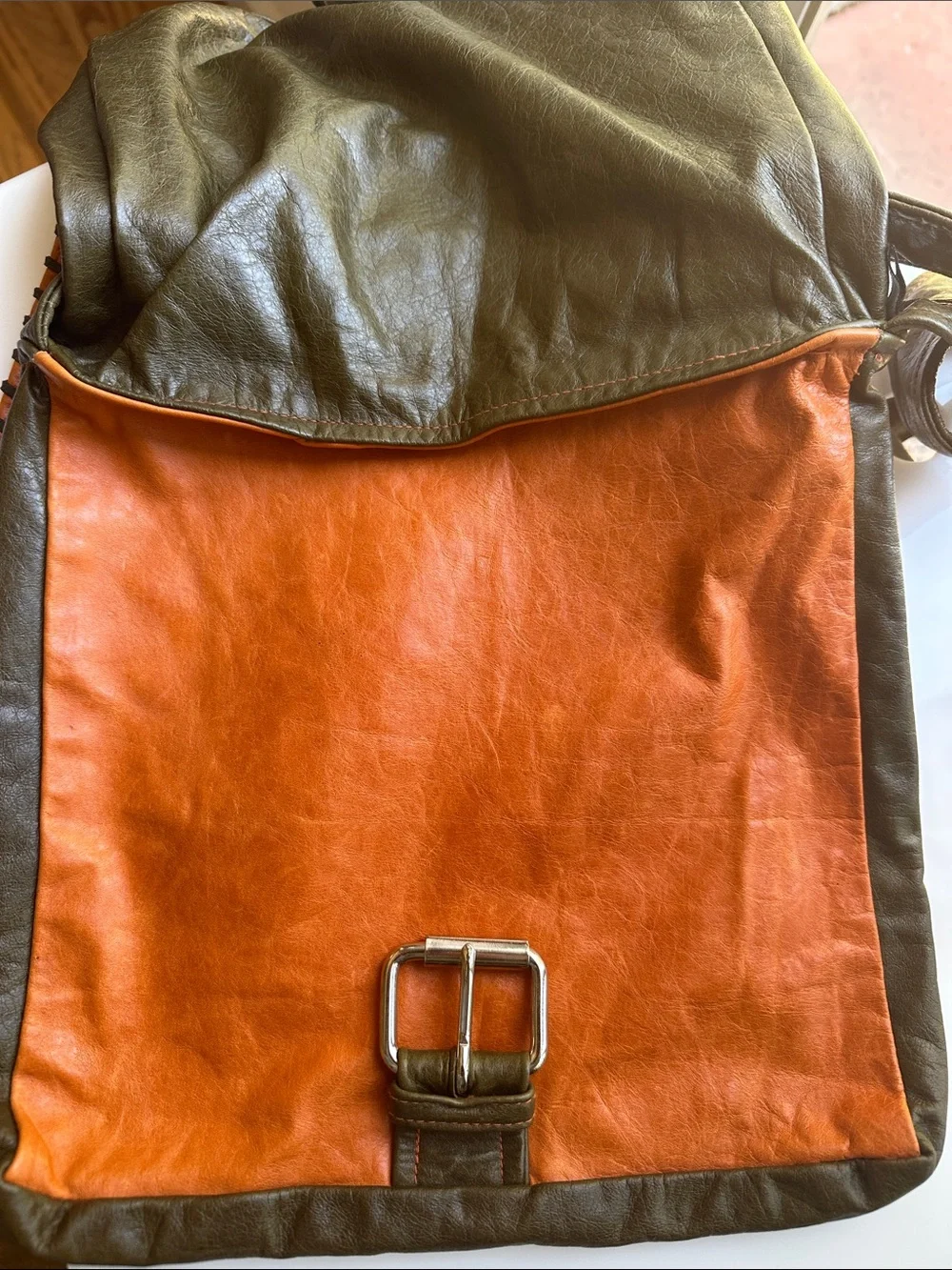 Sandra Lea Leather Messenger Bag with Orange 'L' Accent